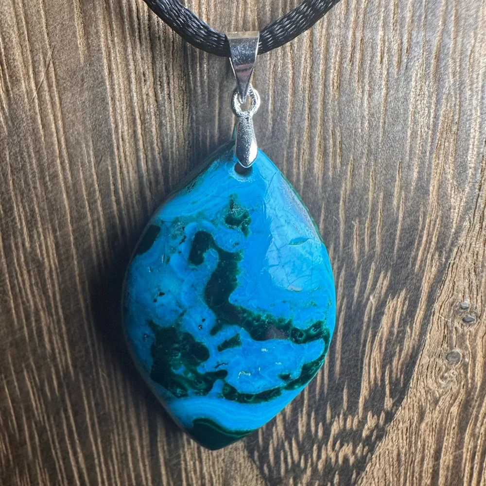 Chrysocolla Teardrop Pendant Necklace on Black Rope - Picture 10 of 14